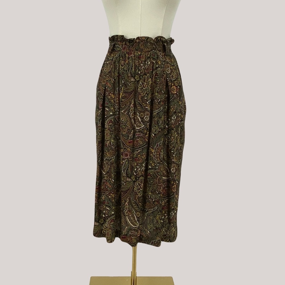 Vintage 80s Green Paisley Skirt Size M/L Elastic Waist Pockets Tapestry Academia